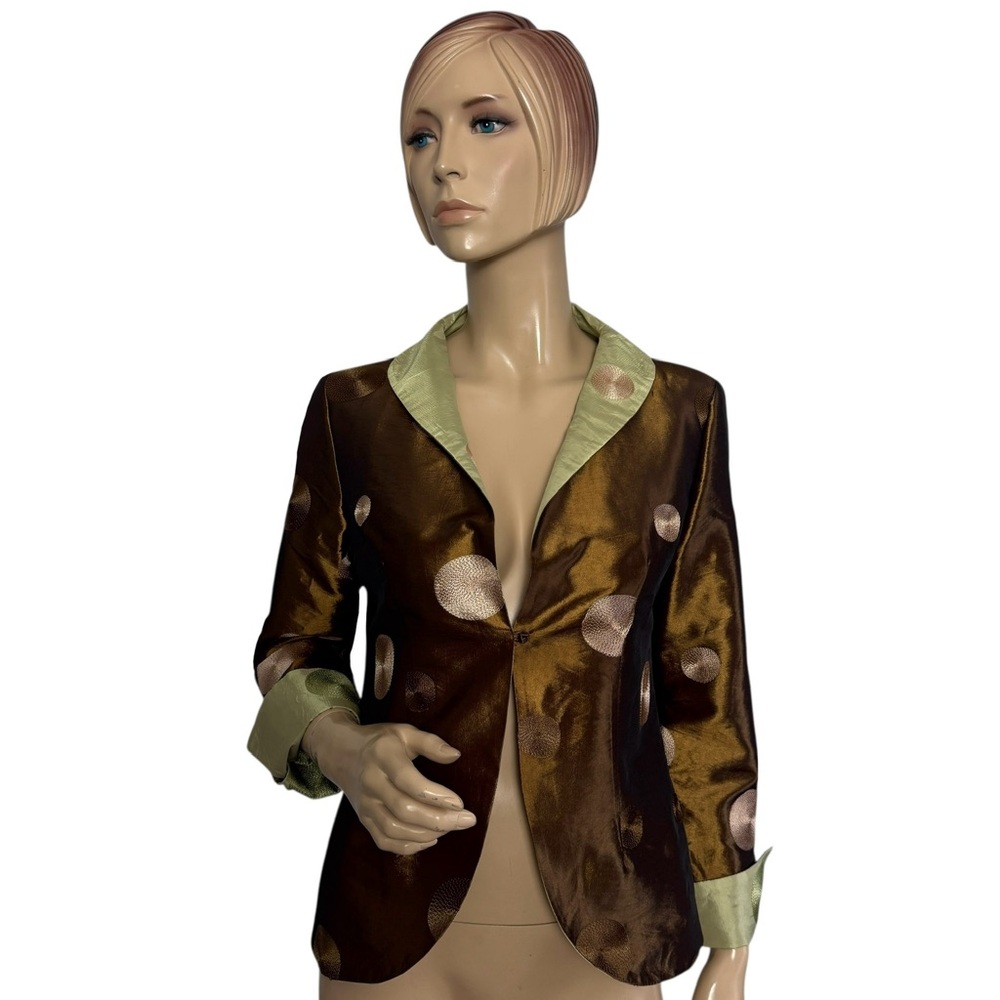 Grace Chuang New York Reversible Silk Blazer Brown and Green Polka Dot Small